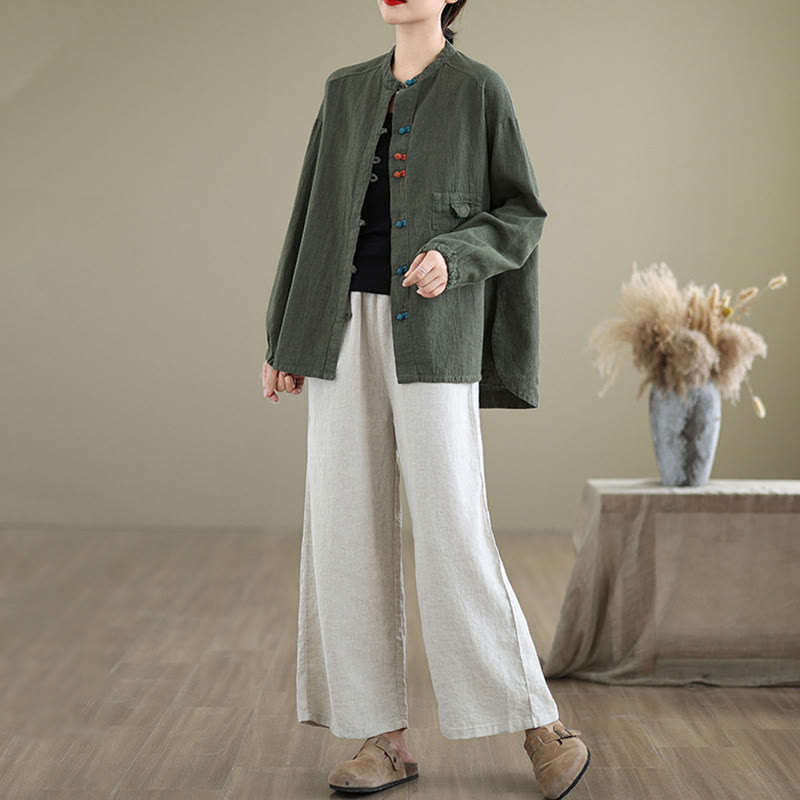 Buddha Stones Bunte Knöpfe Design Langärmliges Damen-Baumwoll-Leinen-Shirt - image 12