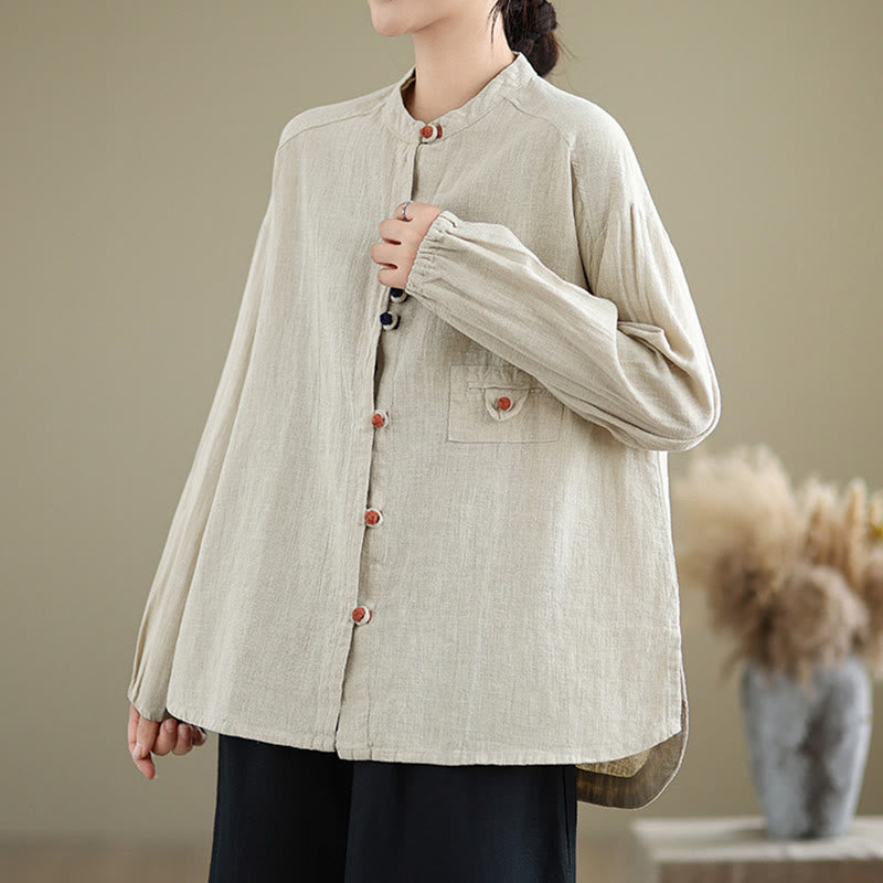 Buddha Stones Bunte Knöpfe Design Langärmliges Damen-Baumwoll-Leinen-Shirt - image 3