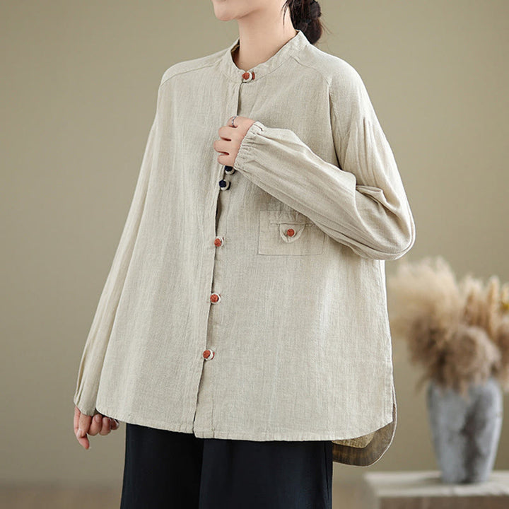 Buddha Stones Bunte Knöpfe Design Langärmliges Damen-Baumwoll-Leinen-Shirt - image 3