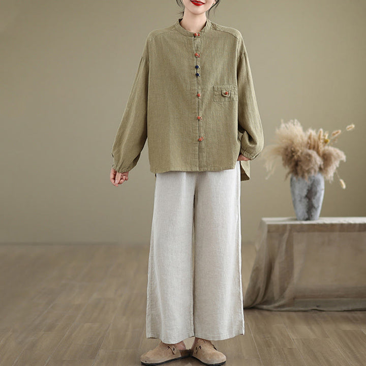 Buddha Stones Bunte Knöpfe Design Langärmliges Damen-Baumwoll-Leinen-Shirt - image 19