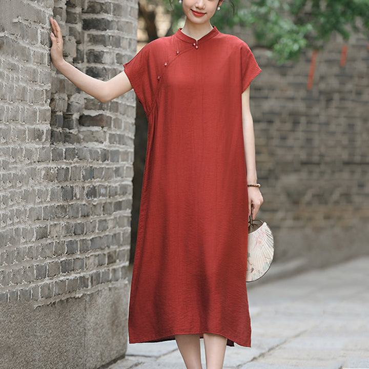 Buddha Stones – Schlichtes Cheongsam-Midikleid aus Baumwolle und Leinen mit Schnürung und kurzen Ärmeln - image 7