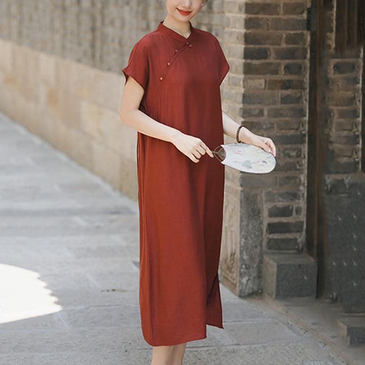 Buddha Stones – Schlichtes Cheongsam-Midikleid aus Baumwolle und Leinen mit Schnürung und kurzen Ärmeln - image 4