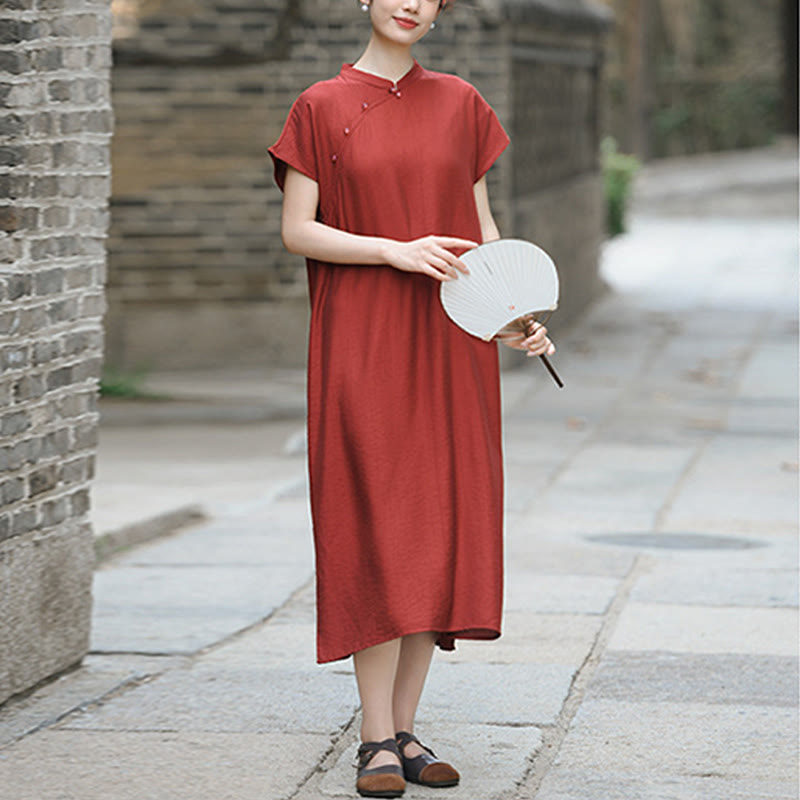 Buddha Stones – Schlichtes Cheongsam-Midikleid aus Baumwolle und Leinen mit Schnürung und kurzen Ärmeln - image 5