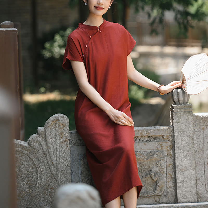 Buddha Stones – Schlichtes Cheongsam-Midikleid aus Baumwolle und Leinen mit Schnürung und kurzen Ärmeln - image 10