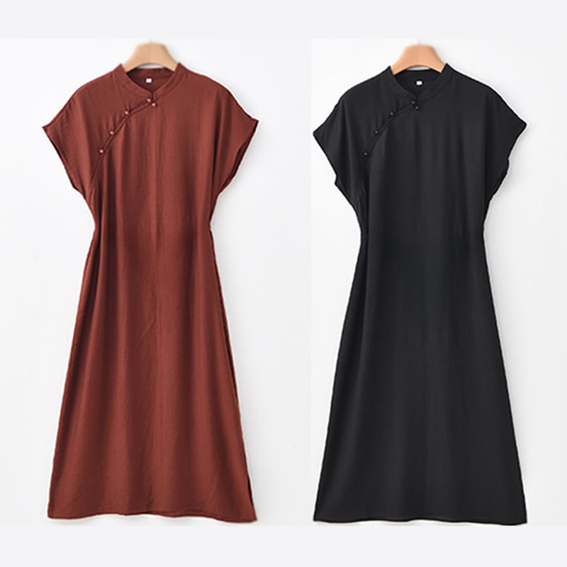 Buddha Stones – Schlichtes Cheongsam-Midikleid aus Baumwolle und Leinen mit Schnürung und kurzen Ärmeln - image 23