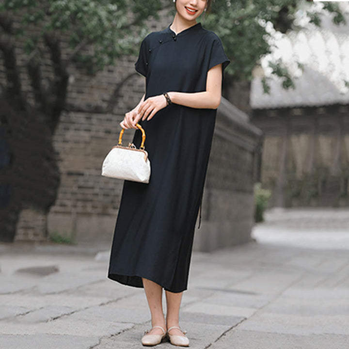Buddha Stones – Schlichtes Cheongsam-Midikleid aus Baumwolle und Leinen mit Schnürung und kurzen Ärmeln - image 21