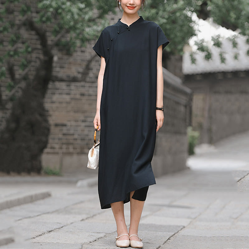 Buddha Stones – Schlichtes Cheongsam-Midikleid aus Baumwolle und Leinen mit Schnürung und kurzen Ärmeln - image 20