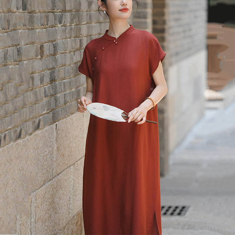 Buddha Stones – Schlichtes Cheongsam-Midikleid aus Baumwolle und Leinen mit Schnürung und kurzen Ärmeln - image 9