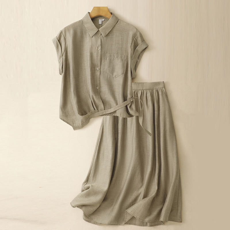 Buddha Stones 2-teiliges Damen-Set mit Kurzarmhemd und Rock in Länge 7–8 mit Taschen aus Baumwolle und Leinen - DunkelKhaki - US8-10， UK/AU12-14，EU40-42 (2XL) - image 1