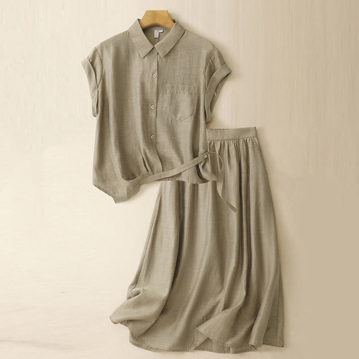 Buddha Stones 2-teiliges Damen-Set mit Kurzarmhemd und Rock in Länge 7–8 mit Taschen aus Baumwolle und Leinen - DunkelKhaki - US8-10， UK/AU12-14，EU40-42 (2XL) - image 1