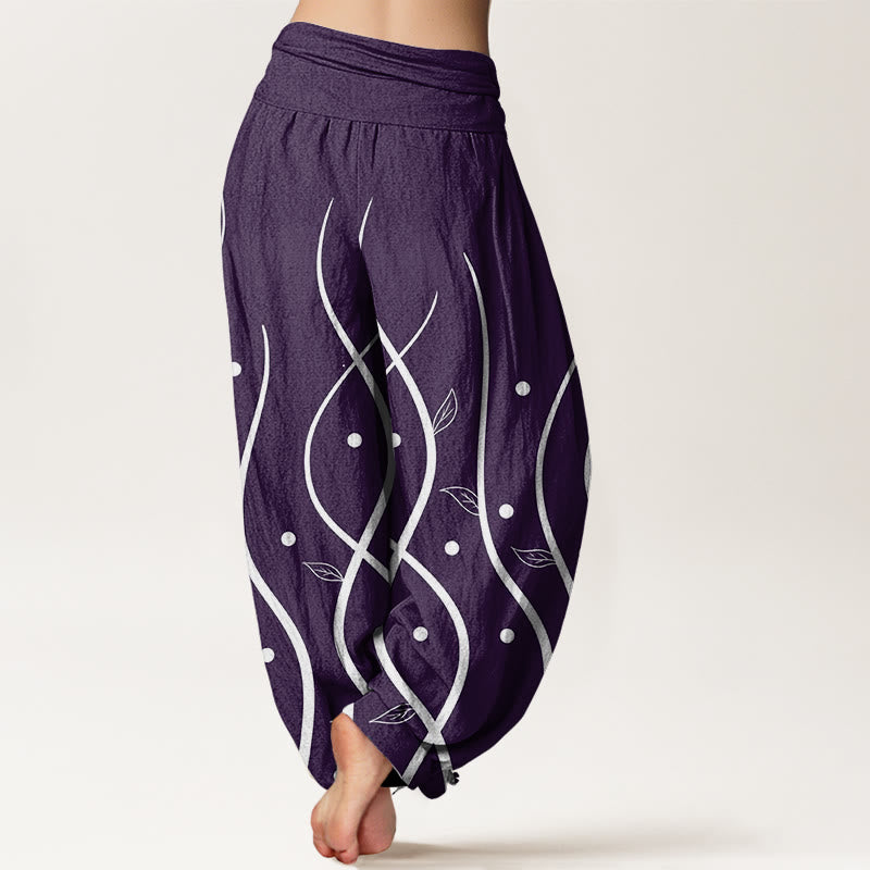 Buddha Stones Lässige, minimalistische Haremshose mit Weinblattmuster für Damen, elastische Taille - image 3