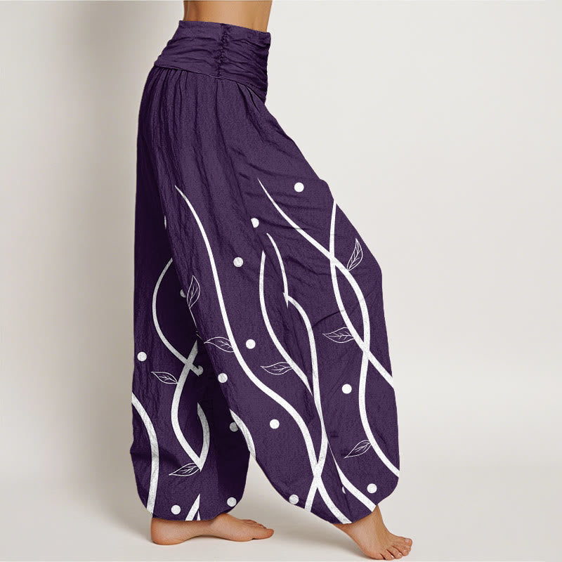 Buddha Stones Lässige, minimalistische Haremshose mit Weinblattmuster für Damen, elastische Taille - image 2