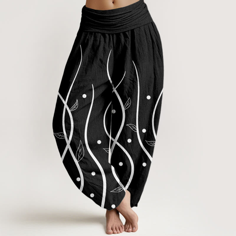 Buddha Stones Lässige, minimalistische Haremshose mit Weinblattmuster für Damen, elastische Taille - Schwarz - US22， UK/AU26，EU54 (6XL) - image 5