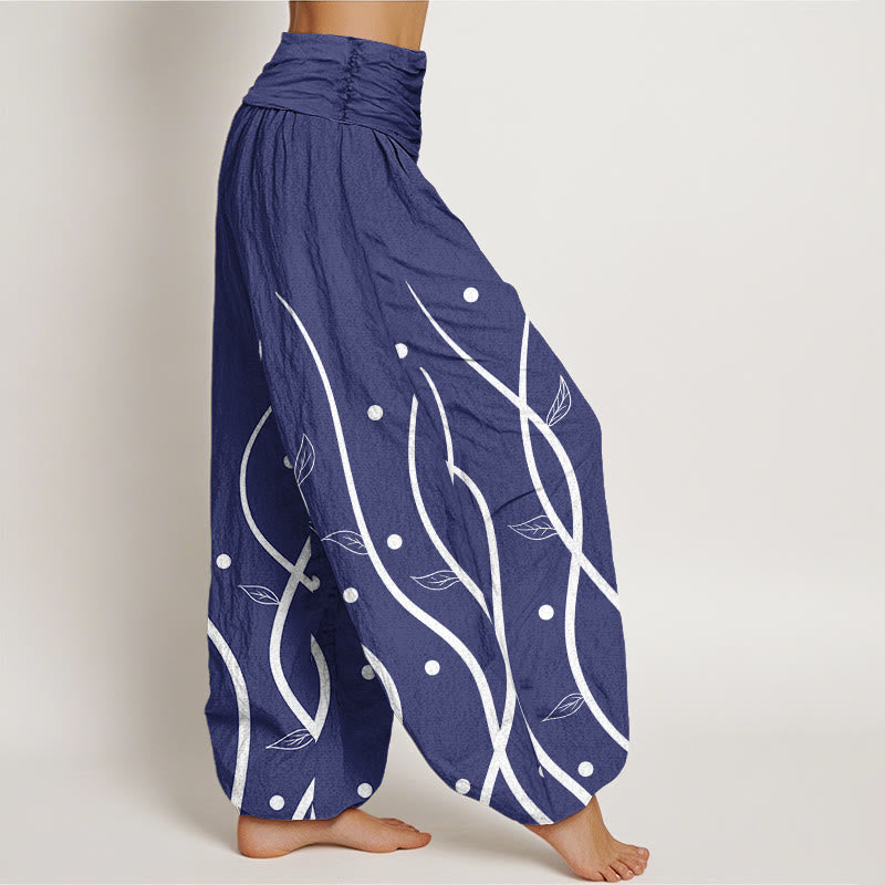Buddha Stones Lässige, minimalistische Haremshose mit Weinblattmuster für Damen, elastische Taille - image 9
