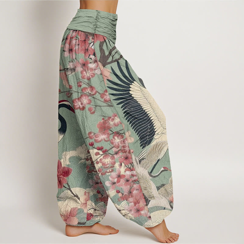 Buddha Stones Lässige Haremshose mit Kranich-Kirschblüten-Designmuster für Damen, elastische Taille - image 2
