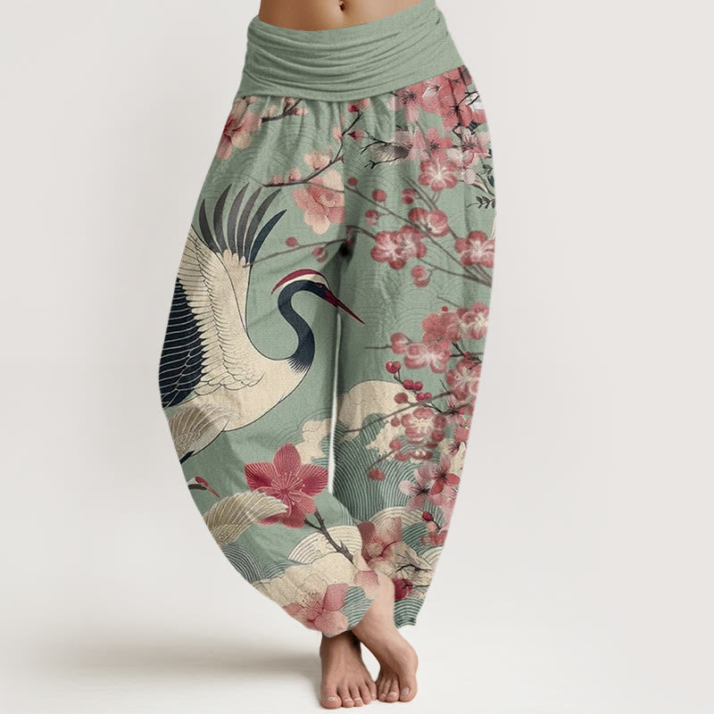 Buddha Stones Lässige Haremshose mit Kranich-Kirschblüten-Designmuster für Damen, elastische Taille - DunkelMeergrün - US22， UK/AU26，EU54 (6XL) - image 1