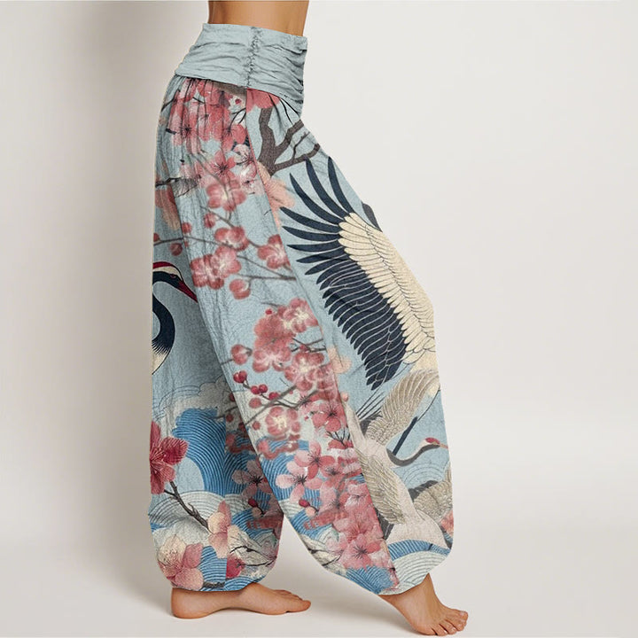 Buddha Stones Lässige Haremshose mit Kranich-Kirschblüten-Designmuster für Damen, elastische Taille - image 6
