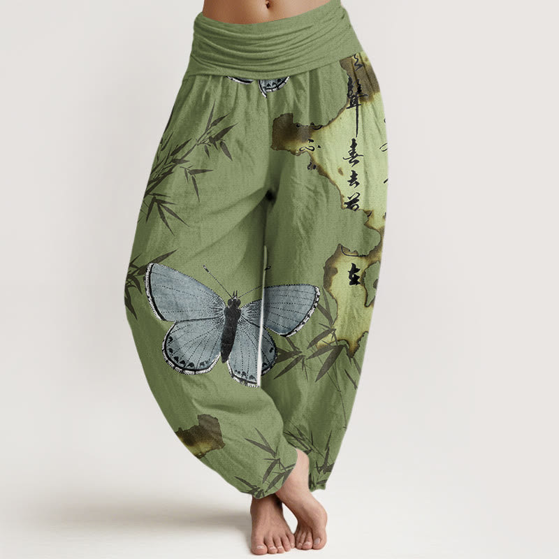 Buddha Stones Lässige Haremshose mit Schmetterlings- und Bambusblatt-Kalligraphiemuster für Damen, elastische Taille - Olivgrün - US22， UK/AU26，EU54 (6XL) - image 1