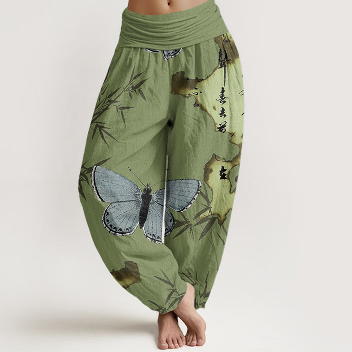 Buddha Stones Lässige Haremshose mit Schmetterlings- und Bambusblatt-Kalligraphiemuster für Damen, elastische Taille - Olivgrün - US22， UK/AU26，EU54 (6XL) - image 1