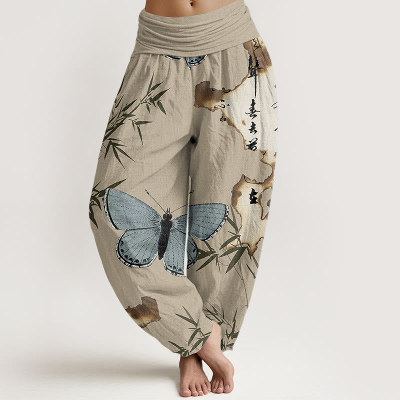 Buddha Stones Lässige Haremshose mit Schmetterlings- und Bambusblatt-Kalligraphiemuster für Damen, elastische Taille - Bräunen - US22， UK/AU26，EU54 (6XL) - image 8