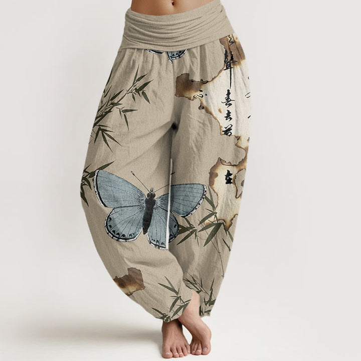 Buddha Stones Lässige Haremshose mit Schmetterlings- und Bambusblatt-Kalligraphiemuster für Damen, elastische Taille - Bräunen - US22， UK/AU26，EU54 (6XL) - image 8