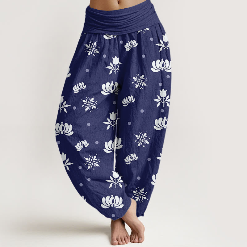 Buddha Stones Lässige Haremshose mit Lotus-Muster und kleinen Punkten für Damen, elastische Taille - Dunkelblau - US22， UK/AU26，EU54 (6XL) - image 1