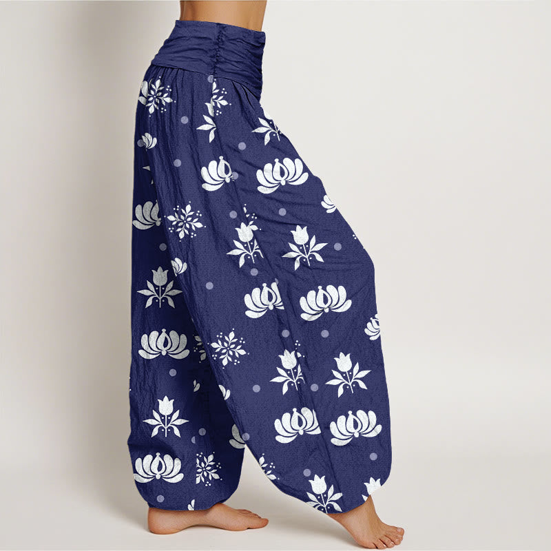 Buddha Stones Lässige Haremshose mit Lotus-Muster und kleinen Punkten für Damen, elastische Taille - image 2