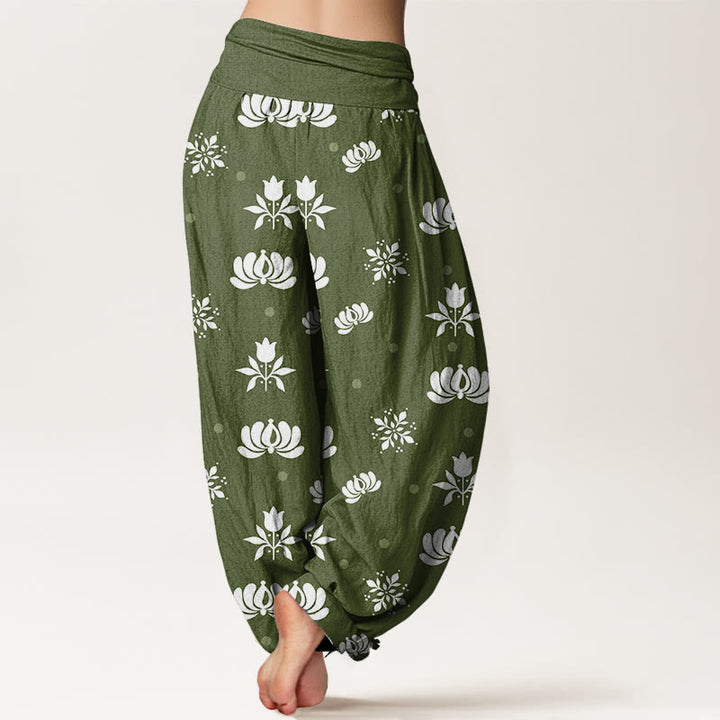 Buddha Stones Lässige Haremshose mit Lotus-Muster und kleinen Punkten für Damen, elastische Taille - image 7