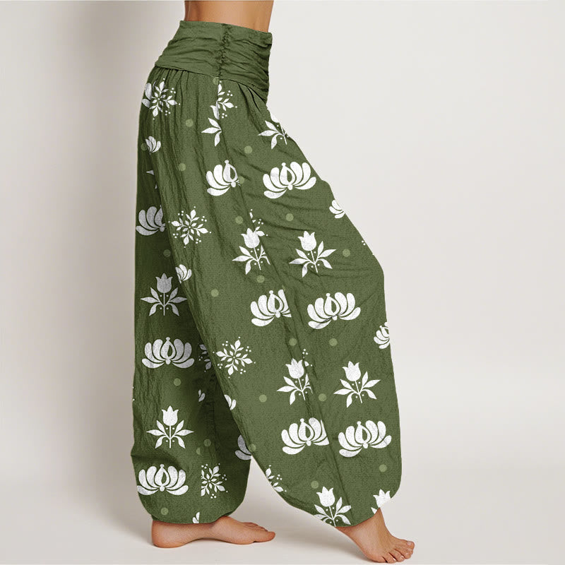 Buddha Stones Lässige Haremshose mit Lotus-Muster und kleinen Punkten für Damen, elastische Taille - image 6