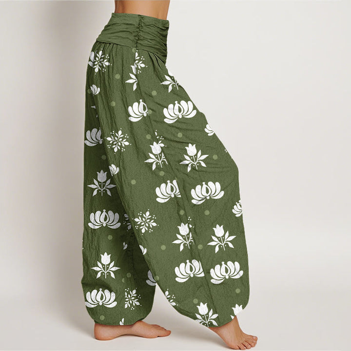 Buddha Stones Lässige Haremshose mit Lotus-Muster und kleinen Punkten für Damen, elastische Taille - image 6