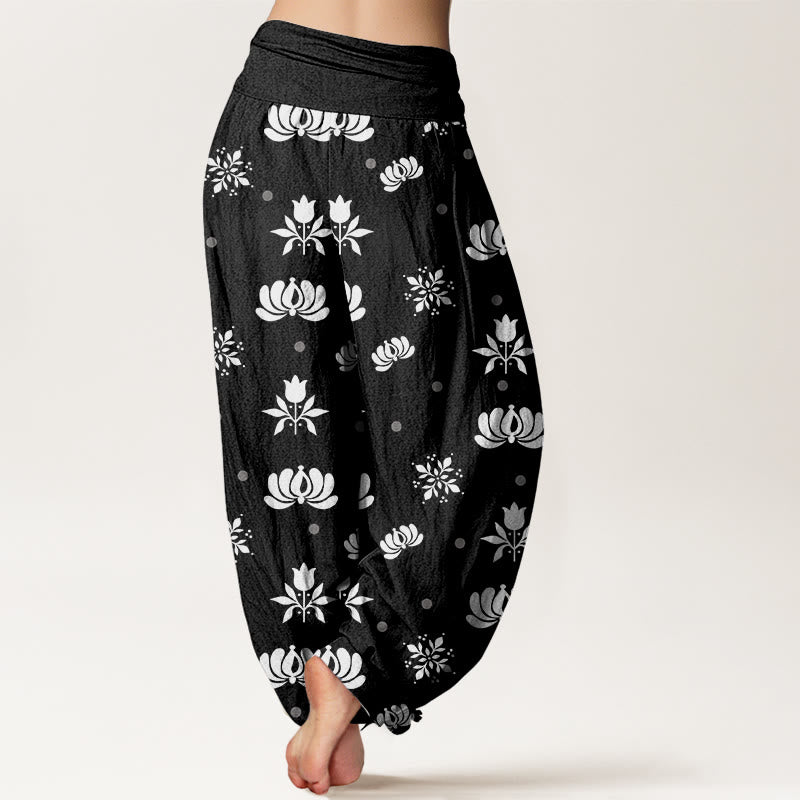 Buddha Stones Lässige Haremshose mit Lotus-Muster und kleinen Punkten für Damen, elastische Taille - image 10