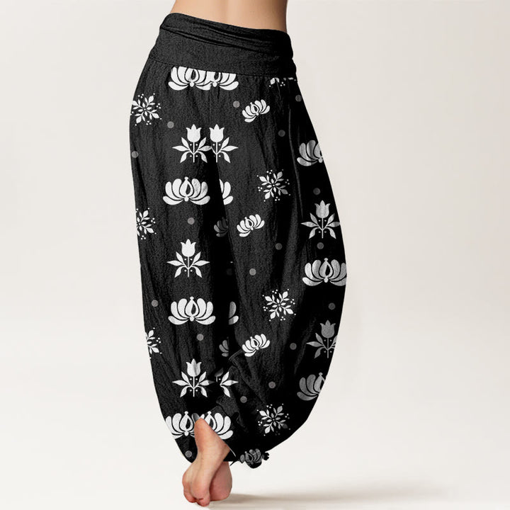 Buddha Stones Lässige Haremshose mit Lotus-Muster und kleinen Punkten für Damen, elastische Taille - image 10
