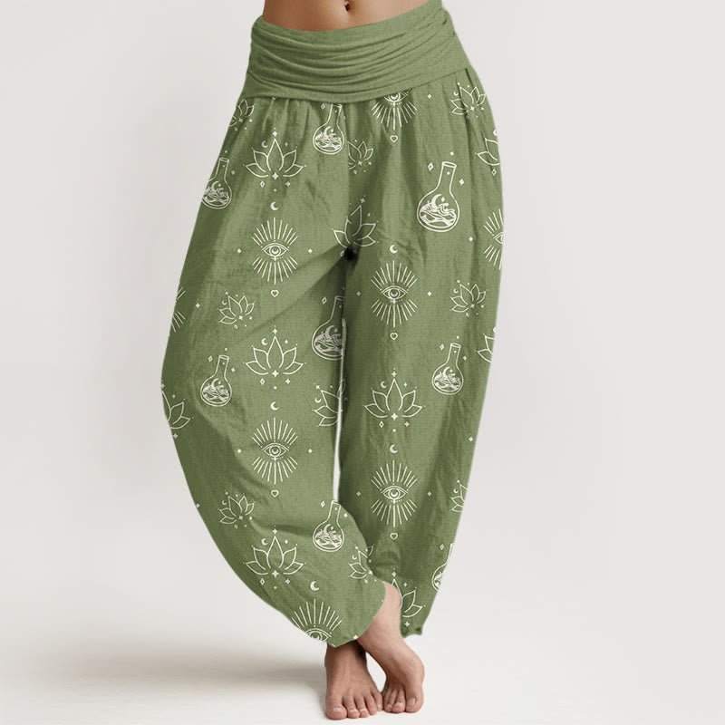 Lässige Haremshose mit Buddha Stones und Lotusauge des Horus-Muster für Damen mit elastischer Taille - Olivgrün - US22， UK/AU26，EU54 (6XL) - image 8