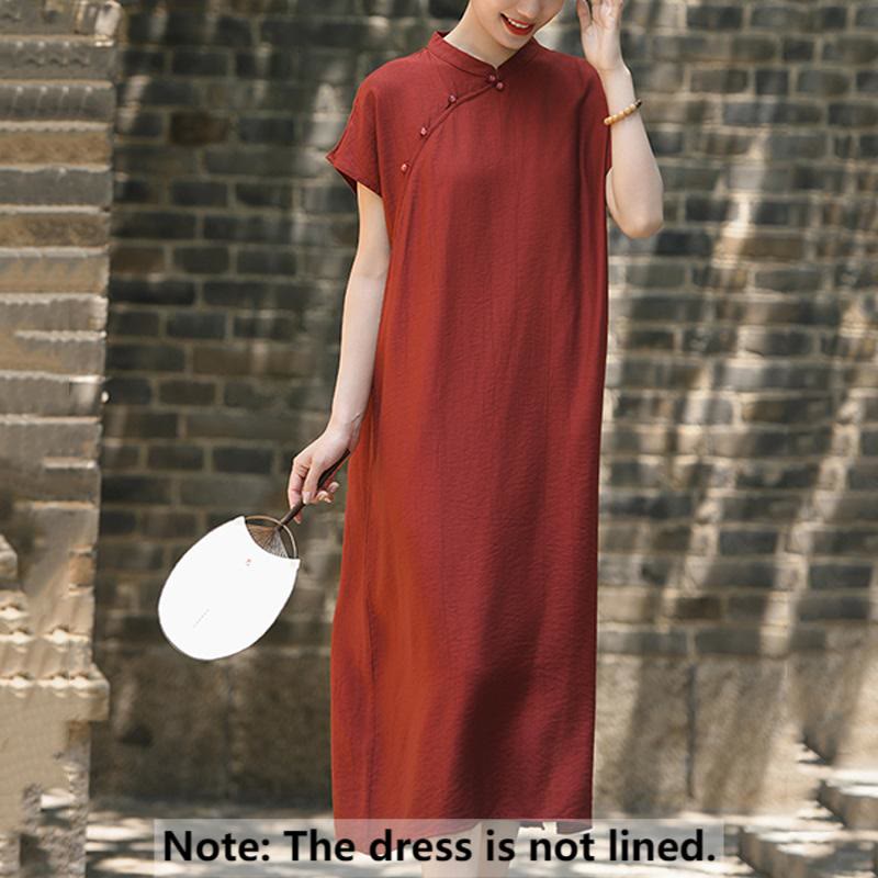 Buddha Stones – Schlichtes Cheongsam-Midikleid aus Baumwolle und Leinen mit Schnürung und kurzen Ärmeln - image 2