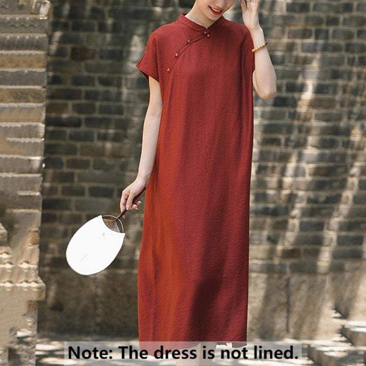 Buddha Stones – Schlichtes Cheongsam-Midikleid aus Baumwolle und Leinen mit Schnürung und kurzen Ärmeln - image 2