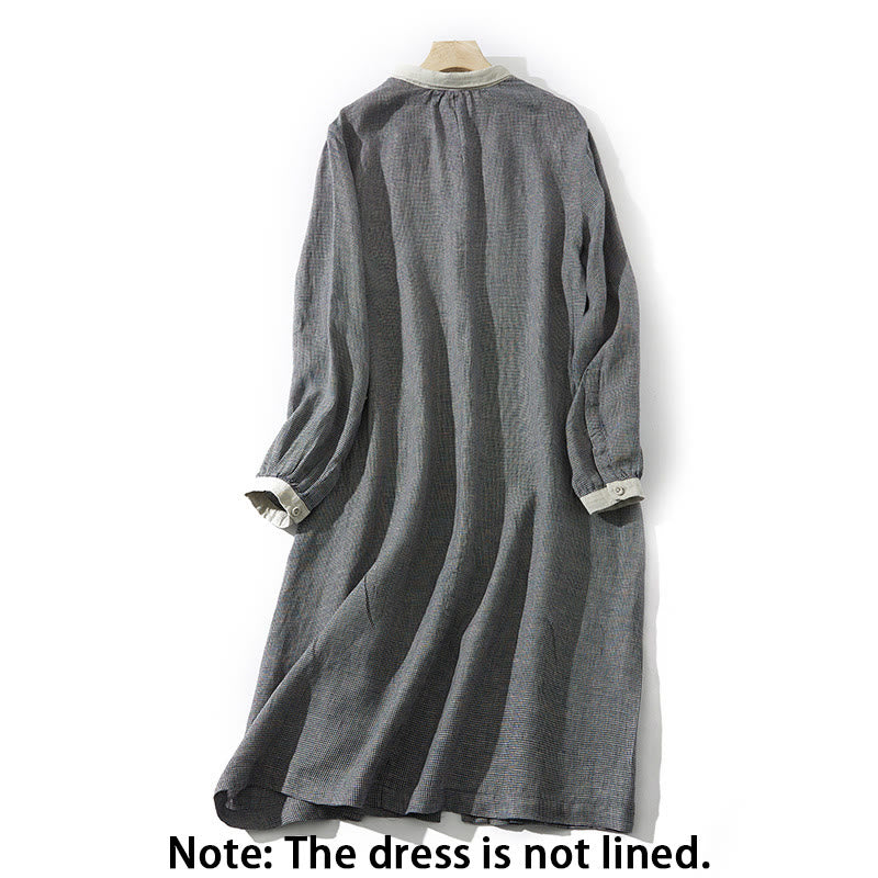 Buddha Stones Commute – Langärmliges Midikleid aus Baumwollleinen mit Karomuster und Taschen in Dunkelgrau - image 1