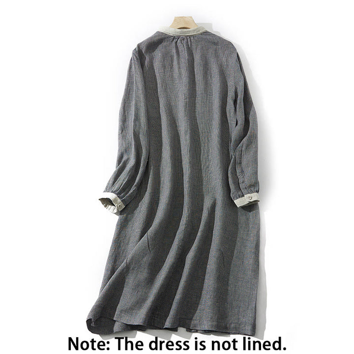 Buddha Stones Commute – Langärmliges Midikleid aus Baumwollleinen mit Karomuster und Taschen in Dunkelgrau - image 1