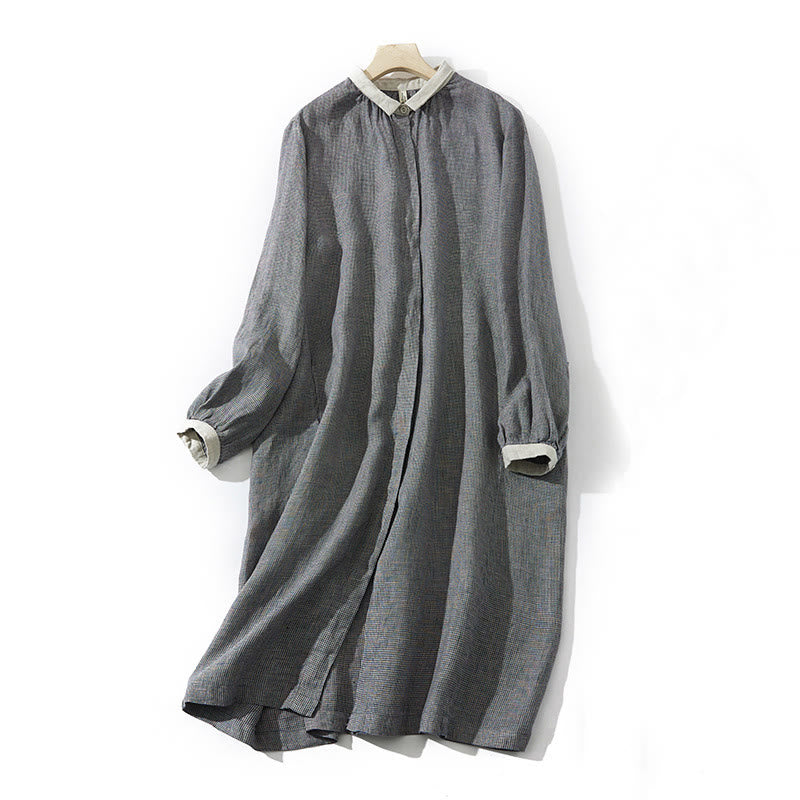 Buddha Stones Commute – Langärmliges Midikleid aus Baumwollleinen mit Karomuster und Taschen in Dunkelgrau - DimGray - US 8-10, UK/AU 12-14, EU 40-42 (2XL) - image 0