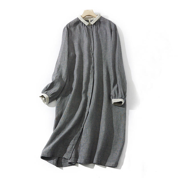 Buddha Stones Commute – Langärmliges Midikleid aus Baumwollleinen mit Karomuster und Taschen in Dunkelgrau - DimGray - US 8-10, UK/AU 12-14, EU 40-42 (2XL) - image 0
