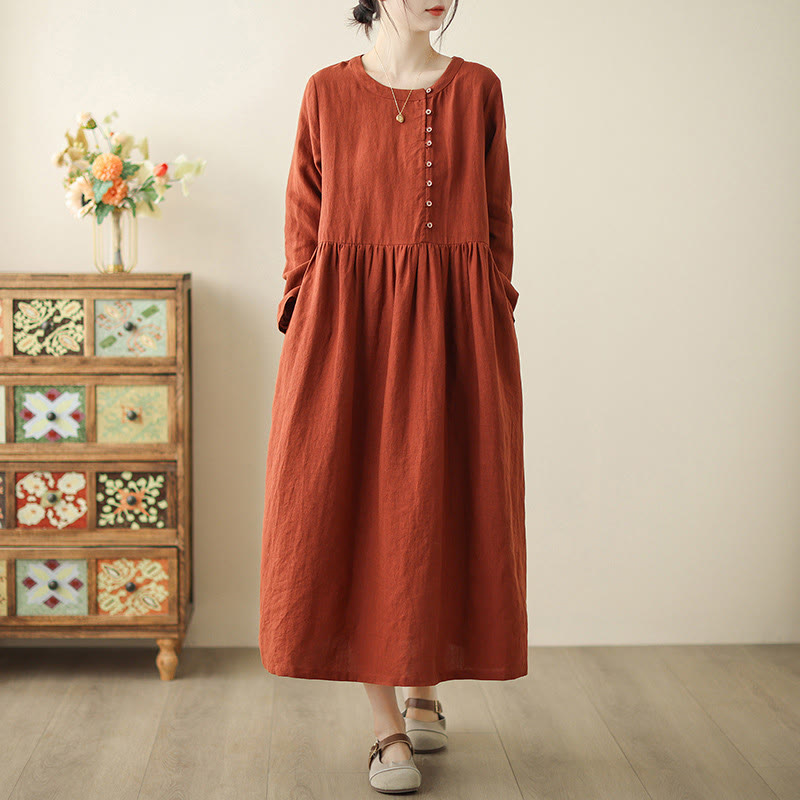 Buddha Stones – Orange-rotes, langärmliges Midikleid aus Baumwolle mit Schnürung und Taschen - OrangeRot - US8-10， UK/AU12-14，EU40-42 (2XL) - image 1