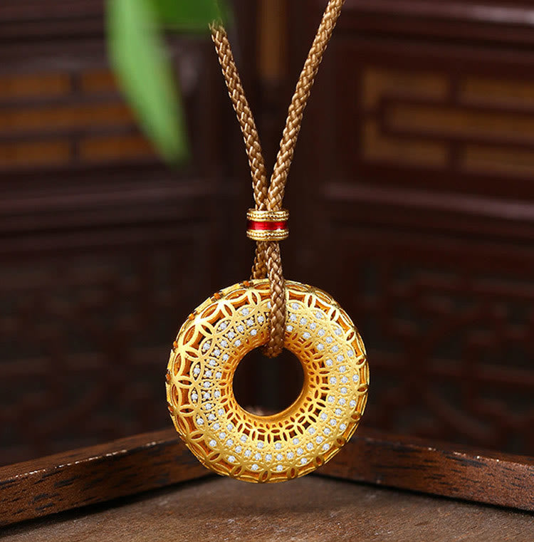 Buddha Stones Kupfer Münze Muster Frieden Schnalle Kupfer Auspicious Halskette Anhänger - Kupferplattiertes 24-karätiges Gold und Seil - image 1