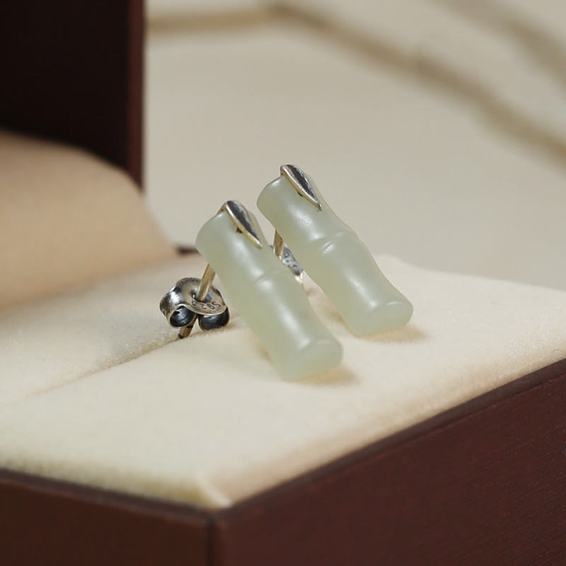 Buddha Stones Bambus Hetian Jade 925 Sterling Silber Blatt Reichtum Ohrringe - Hetian Jade matt (925 Sterling Silber Pfosten) - Lange Bambusblätter - image 9