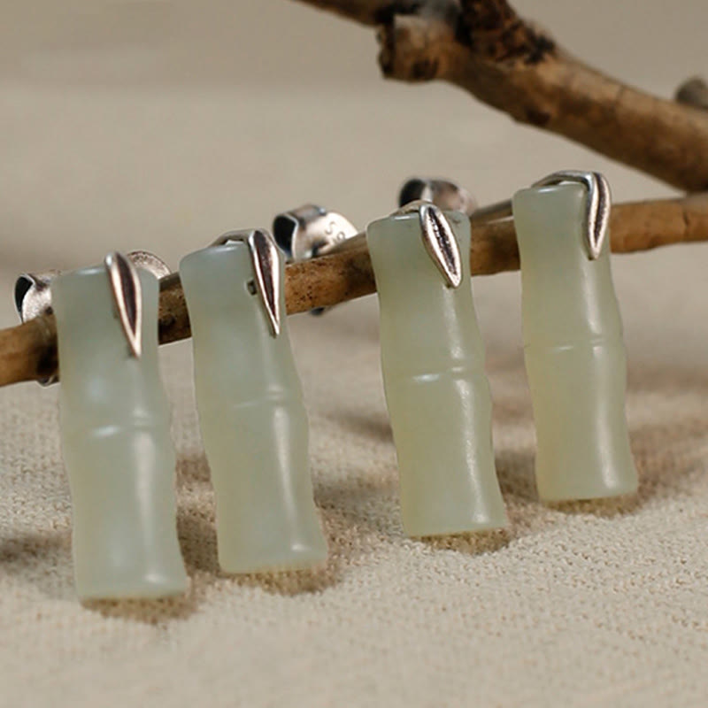 Buddha Stones Bambus Hetian Jade 925 Sterling Silber Blatt Reichtum Ohrringe - image 11
