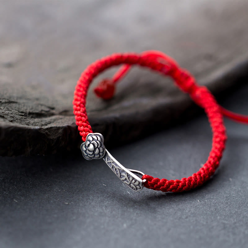 Buddha Stones Retro 925 Sterling Silber Ruyi As One Wishes Rote Schnur geflochtenes Glücksarmband - 925er Sterlingsilber (Handgelenkumfang: 15-21 cm) - image 0