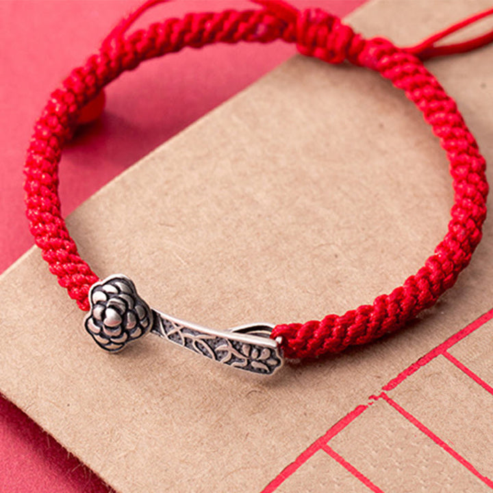 Buddha Stones Retro 925 Sterling Silber Ruyi As One Wishes Rote Schnur geflochtenes Glücksarmband - image 9