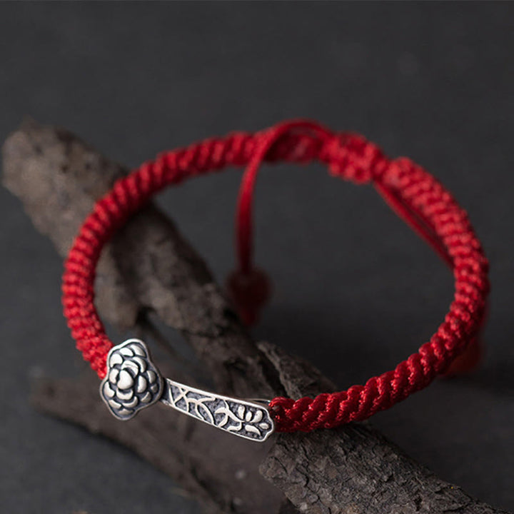 Buddha Stones Retro 925 Sterling Silber Ruyi As One Wishes Rote Schnur geflochtenes Glücksarmband - image 5