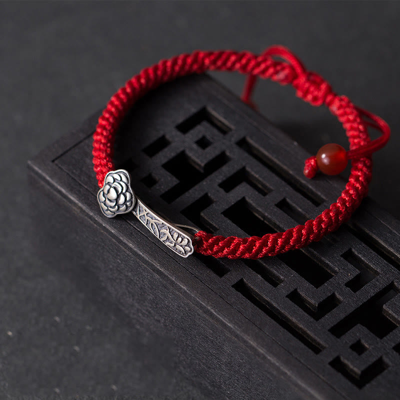 Buddha Stones Retro 925 Sterling Silber Ruyi As One Wishes Rote Schnur geflochtenes Glücksarmband - image 2