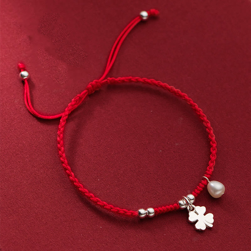 Buddha Stones Retro 925 Sterling Silber Vierblättriges Kleeblatt Perle Glück Rote Schnur Armband - 925 Sterling Silber (Handgelenkumfang: 15–18 cm) - image 1