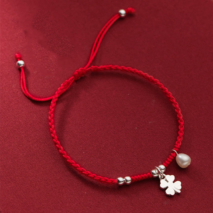 Buddha Stones Retro 925 Sterling Silber Vierblättriges Kleeblatt Perle Glück Rote Schnur Armband - 925 Sterling Silber (Handgelenkumfang: 15–18 cm) - image 1
