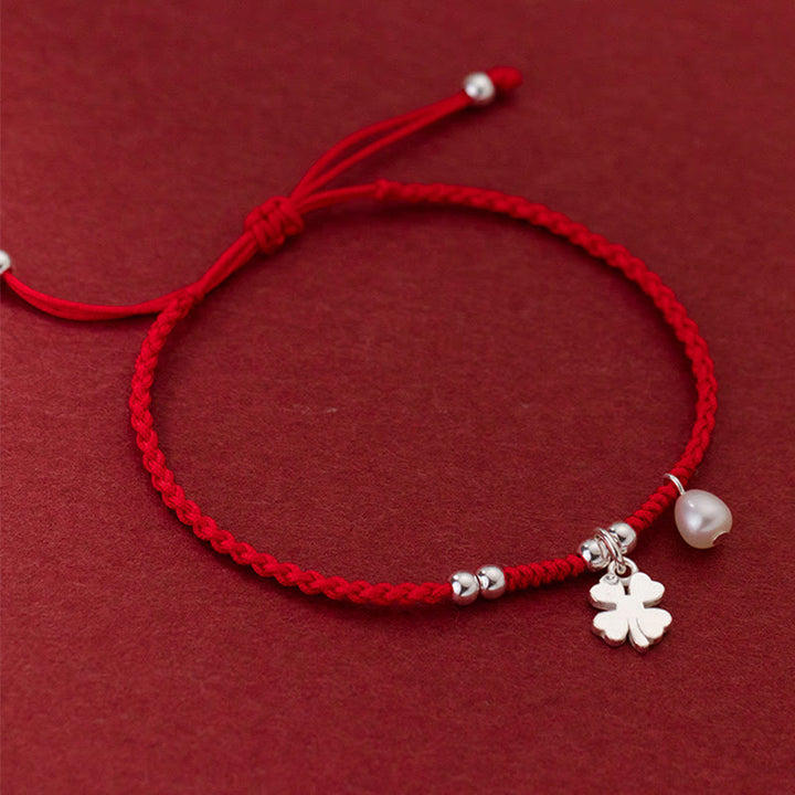 Buddha Stones Retro 925 Sterling Silber Vierblättriges Kleeblatt Perle Glück Rote Schnur Armband - image 3